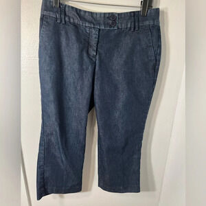 editor,6, indigo blue wide leg capri w/a slight satin finish offset button close